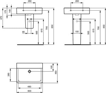 IDEAL STANDARD CONNECT CUBE umyvadlo 60 cm, bez přepadu E810201 Technický nákres