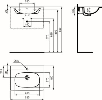 IDEAL STANDARD TESI umyvadlo 62,5 cm, s otvorem pro baterii a přepadem T351001 Technický nákres
