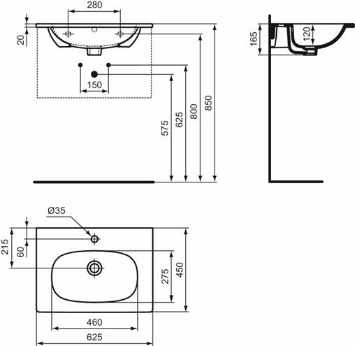 IDEAL STANDARD TESI umyvadlo 62,5 cm, s otvorem pro baterii a přepadem T351001 Technický nákres
