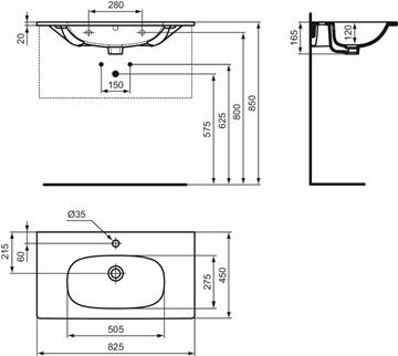 IDEAL STANDARD TESI umyvadlo 82,5 cm, s otvorem pro baterii a přepadem T350901 Technický nákres