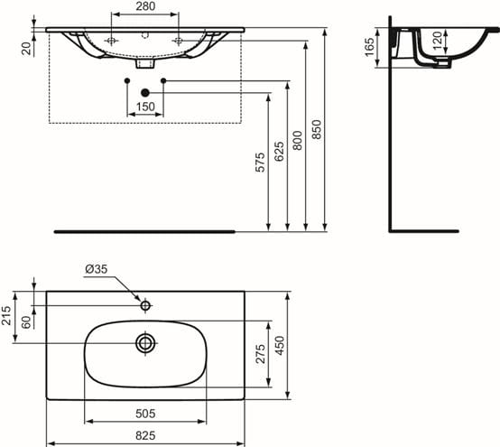 IDEAL STANDARD TESI umyvadlo 82,5 cm, s otvorem pro baterii a přepadem T350901 Technický nákres