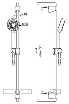 HANSA BASICJET sprchová souprava 4-dílná, ruční sprcha pr. 95 mm, 3 proudy, tyč, hadice, mýdlenka, Eco, chrom 44780133 Technický nákres