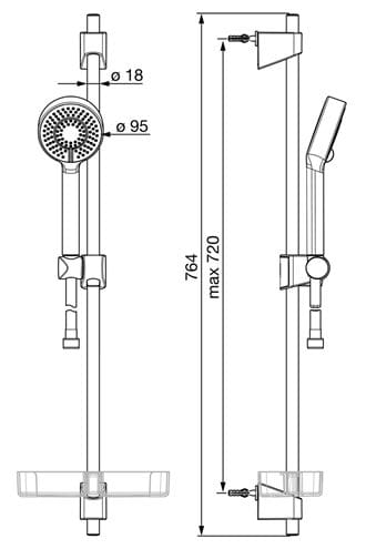 HANSA BASICJET sprchová souprava 4-dílná, ruční sprcha pr. 95 mm, 3 proudy, tyč, hadice, mýdlenka, Eco, chrom 44780133 Technický nákres
