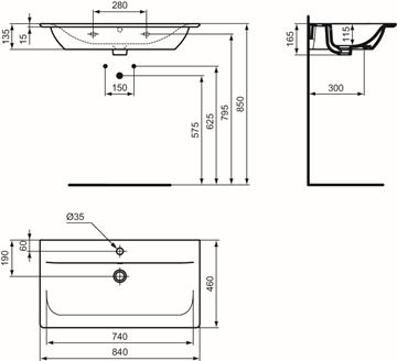 IDEAL STANDARD CONNECT AIR umyvadlo 84 cm, s otvorem pro baterii a přepadem E027901 Technický nákres