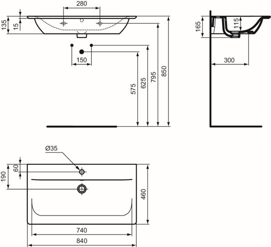 IDEAL STANDARD CONNECT AIR umyvadlo 84 cm, s otvorem pro baterii a přepadem E027901 Technický nákres