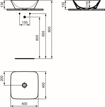 IDEAL STANDARD CONNECT AIR umyvadlová mísa 40 cm, bez přepadu E034701 Technický nákres
