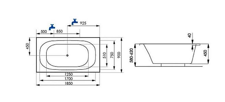 SANTECH PLUS vana 185x90 cm, bez nožiček, akrylát SAPLU185L Technický nákres