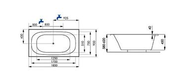 SANTECH PLUS vana 185x90 cm, bez nožiček, akrylát SAPLU185L Technický nákres