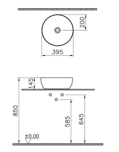 VITRA OUTLINE umyvadlová mísa 40 cm, bez přepadu, VitrAhygiene 5992B403-0016 Technický nákres