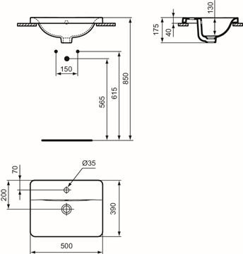 IDEAL STANDARD CONNECT umyvadlo 50 cm, s otvorem pro baterii a přepadem E504301 Technický nákres