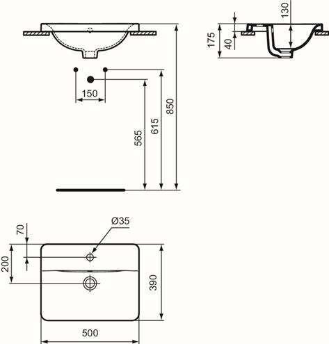 IDEAL STANDARD CONNECT umyvadlo 50 cm, s otvorem pro baterii a přepadem E504301 Technický nákres