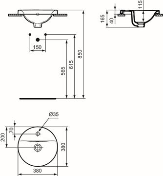 IDEAL STANDARD CONNECT umyvadlo 38 cm, s otvorem pro baterii a přepadem E504101 Technický nákres