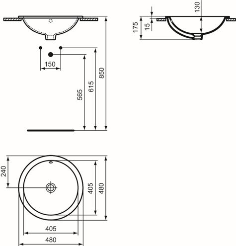 IDEAL STANDARD CONNECT umyvadlo 48 cm, s přepadem E505301 Technický nákres
