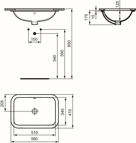 IDEAL STANDARD CONNECT umyvadlo 58 cm, s přepadem E506101 Technický nákres
