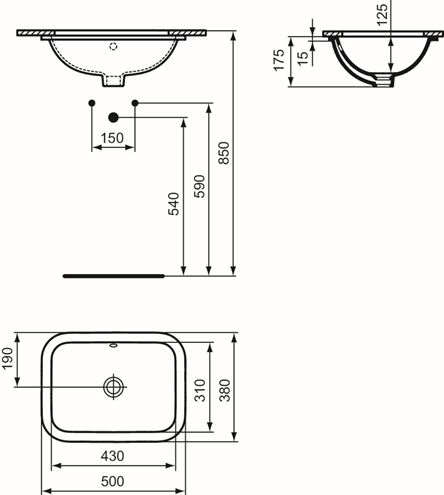 IDEAL STANDARD CONNECT umyvadlo 50 cm, s přepadem E505801 Technický nákres