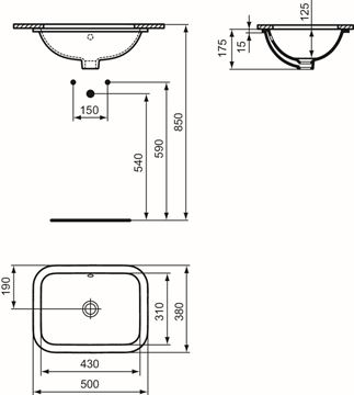 IDEAL STANDARD CONNECT umyvadlo 50 cm, s přepadem E505801 Technický nákres
