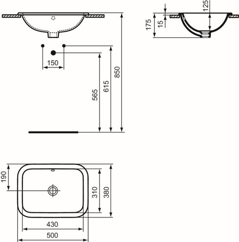 IDEAL STANDARD CONNECT umyvadlo 50 cm, s přepadem E505701 Technický nákres