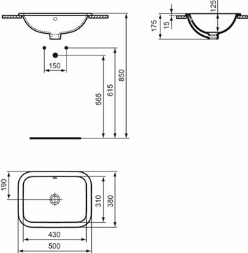 IDEAL STANDARD CONNECT umyvadlo 50 cm, s přepadem E505701 Technický nákres