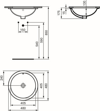 IDEAL STANDARD CONNECT umyvadlo 48 cm, s přepadem E505401 Technický nákres