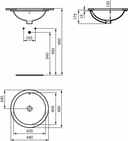 IDEAL STANDARD CONNECT umyvadlo 48 cm, s přepadem E505401 Technický nákres