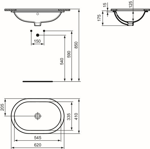IDEAL STANDARD CONNECT umyvadlo 62 cm, s přepadem E505001 Technický nákres