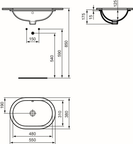 IDEAL STANDARD CONNECT umyvadlo 55 cm, s přepadem E504801 Technický nákres