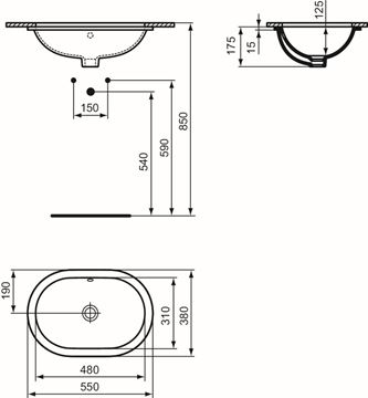 IDEAL STANDARD CONNECT umyvadlo 55 cm, s přepadem E504801 Technický nákres