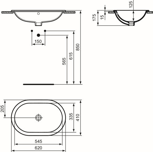 IDEAL STANDARD CONNECT umyvadlo 62 cm, s přepadem E504901 Technický nákres