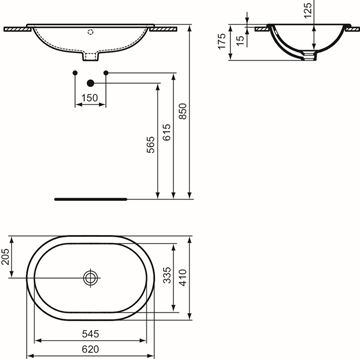 IDEAL STANDARD CONNECT umyvadlo 62 cm, s přepadem E504901 Technický nákres