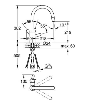GROHE GET dřezová baterie, s vytahovací sprškou, chrom 31484001 Technický nákres