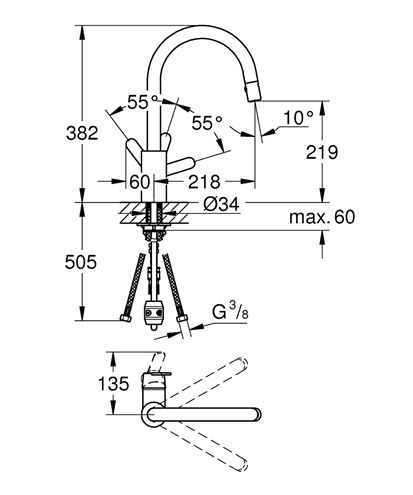 GROHE GET dřezová baterie, s vytahovací sprškou, chrom 31484001 Technický nákres