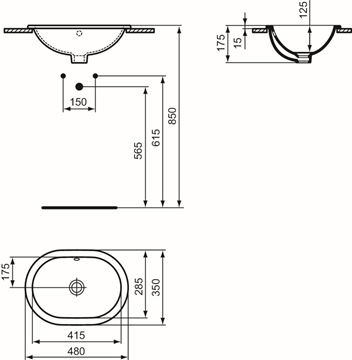 IDEAL STANDARD CONNECT umyvadlo 48 cm, s přepadem E504501 Technický nákres