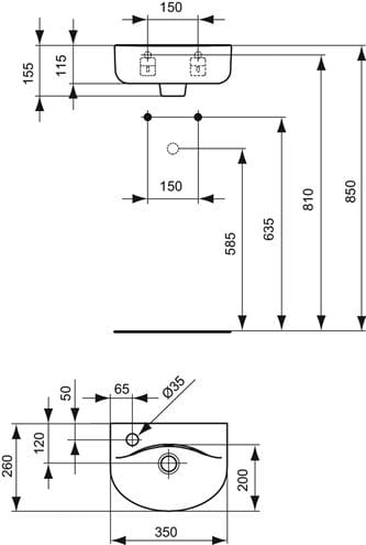 IDEAL STANDARD CONNECT umývátko 35 cm, s otvorem pro baterii vlevo a přepadem E791201 Technický nákres