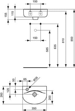 IDEAL STANDARD CONNECT umývátko 35 cm, s otvorem pro baterii vlevo a přepadem E791201 Technický nákres