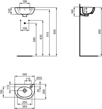 IDEAL STANDARD SIMPLICITY umývátko 35 cm, s otvorem pro baterii vpravo a přepadem E871601 Technický nákres
