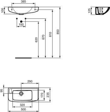 IDEAL STANDARD EUROVIT umývátko 50 cm, bez přepadu R421001 Technický nákres