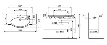LAUFEN PALACE umyvadlo 120 cm, s otvorem pro baterii a přepadem H8117040001041 Technický nákres