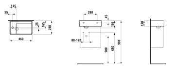 KARTELL BY LAUFEN umývátko 46 cm, s otvorem pro baterii vlevo, bez přepadu H8153350001111 Technický nákres