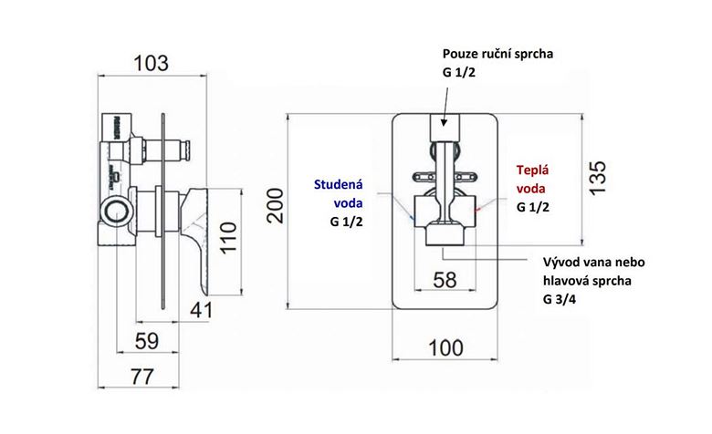 SANJET INFINITY vanová podomítková baterie, s přepínačem, s tělesem, chrom I09 Technický nákres