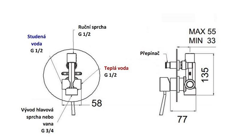 SANJET RONDO vanová podomítková baterie, s přepínačem, s tělesem, chrom N09L Technický nákres