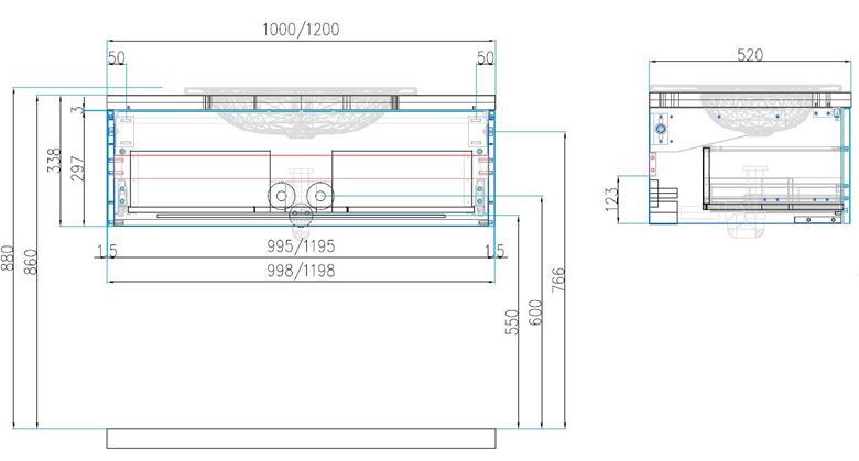 DŘEVOJAS COMO COM SZZ 100 skříňka pod umyvadlo 100x52x33,8 cm, 1 zásuvka, Push-open, teak 808594 Technický nákres