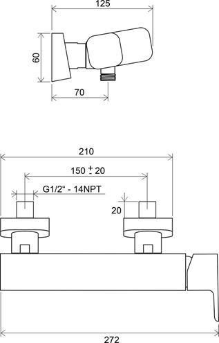 RAVAK 10° TD 032.00CR nástěnná sprchová baterie, chrom X070066 Technický nákres