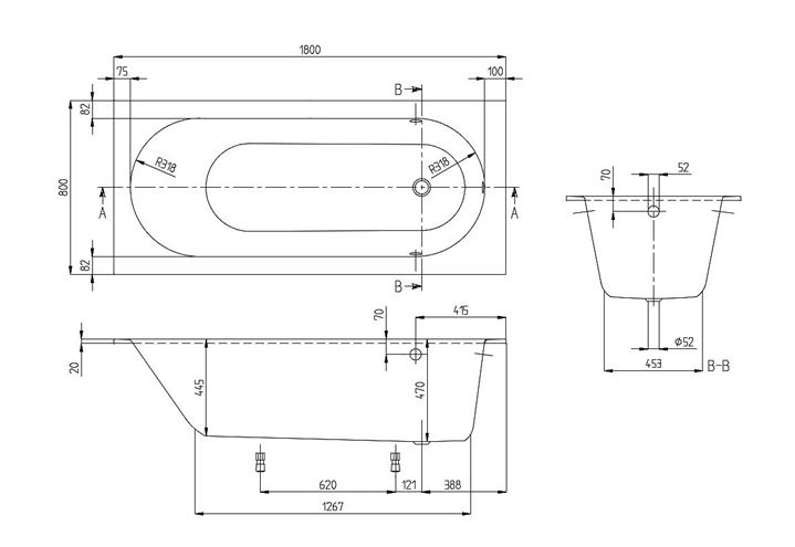VILLEROY & BOCH OBERON vana 180x80 cm, s nožičkami, quaryl UBQ180OBE2V-01 Technický nákres