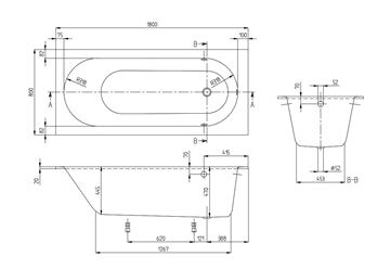 VILLEROY & BOCH OBERON vana 180x80 cm, s nožičkami, quaryl UBQ180OBE2V-01 Technický nákres
