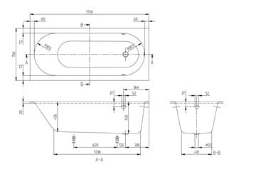 VILLEROY & BOCH OBERON vana 170x75 cm, s nožičkami, quaryl UBQ170OBE2V-01 Technický nákres