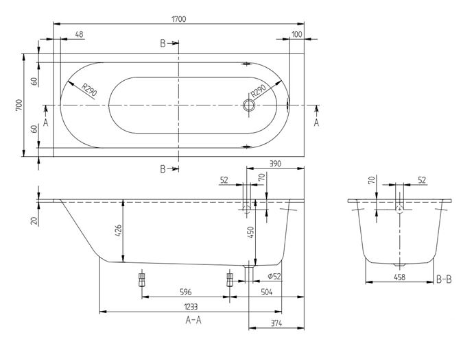 VILLEROY & BOCH OBERON vana 170x70 cm, s nožičkami, quaryl UBQ177OBE2V-01 Technický nákres