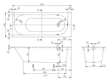 VILLEROY & BOCH OBERON vana 170x70 cm, s nožičkami, quaryl UBQ177OBE2V-01 Technický nákres