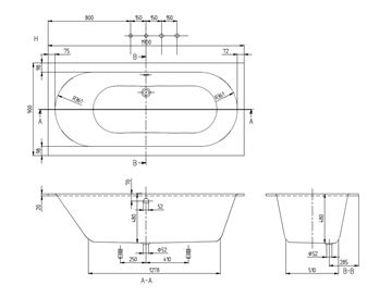 VILLEROY & BOCH OBERON vana 190x90 cm, pro 2 osoby, s nožičkami, quaryl UBQ199OBE2V-01 Technický nákres