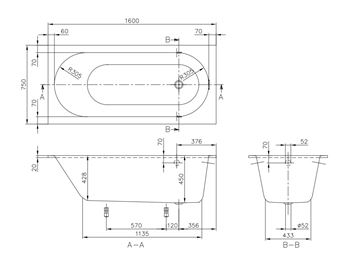 VILLEROY & BOCH OBERON vana 160x75 cm, s nožičkami, quaryl UBQ160OBE2V-01 Technický nákres