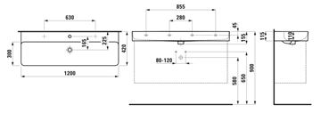 LAUFEN VAL umyvadlo 120 cm, se 2 otvory pro baterie a přepadem H8102890001071 Technický nákres